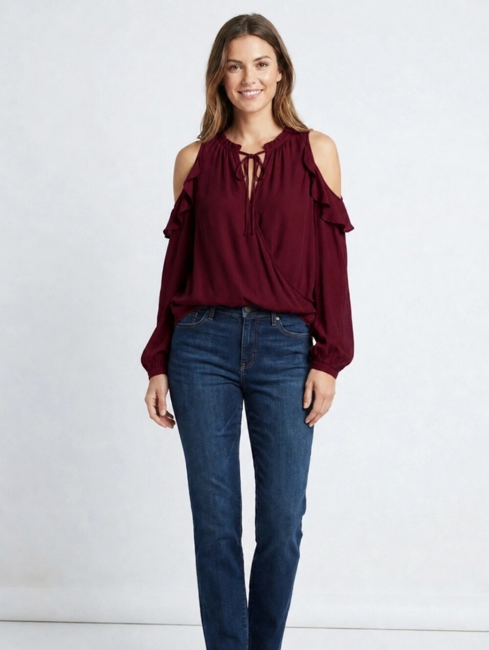 Women's Cold Shoulder Mock Wrap Blouse - Rich Wine Red Sz Large